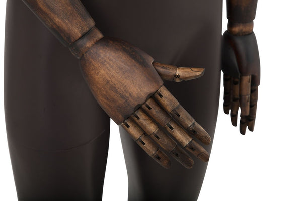 FEMALE BROWN LEATHERETTE EGG MANNEQUIN W/ BROWN WOOD ARMS (MAF-ARM2-1/BRLE)