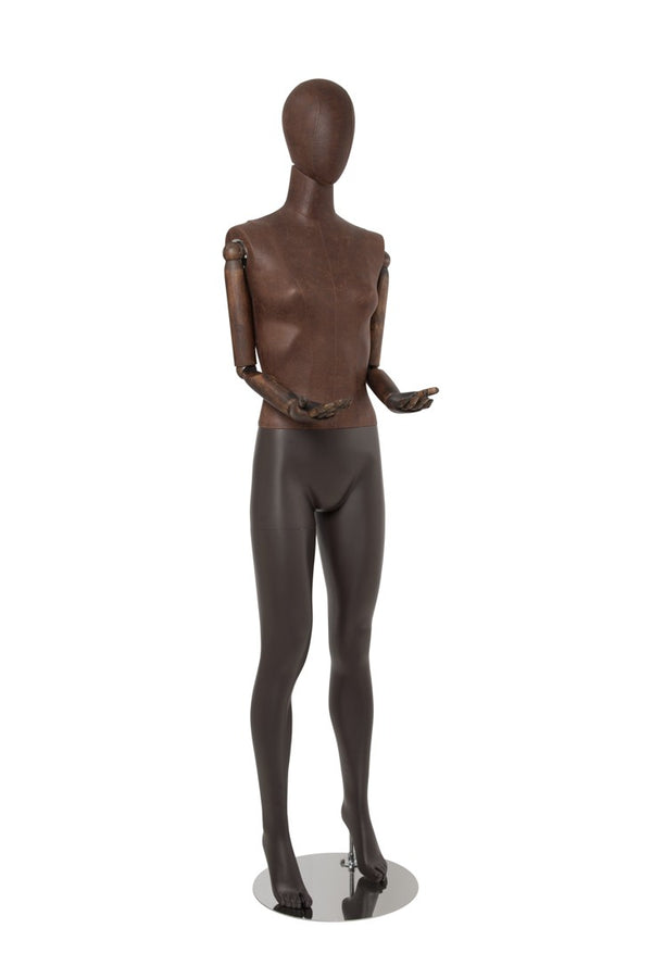 FEMALE BROWN LEATHERETTE EGG MANNEQUIN W/ BROWN WOOD ARMS (MAF-ARM2-1/BRLE)