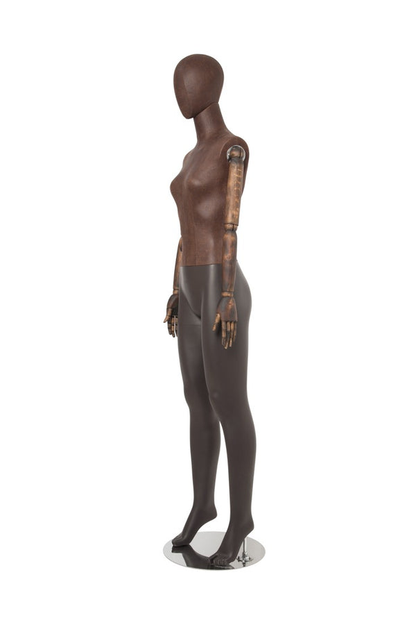 FEMALE BROWN LEATHERETTE EGG MANNEQUIN W/ BROWN WOOD ARMS (MAF-ARM2-1/BRLE)