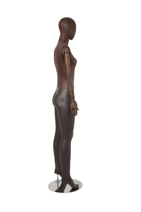 FEMALE BROWN LEATHERETTE EGG MANNEQUIN W/ BROWN WOOD ARMS (MAF-ARM2-1/BRLE)