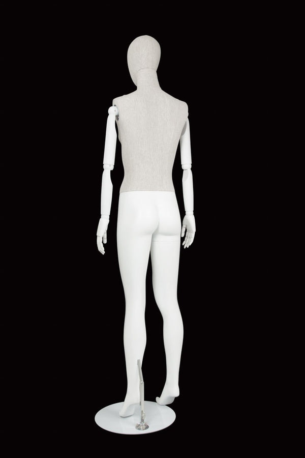 FEMALE LINEN FABRIC EGG MANNEQUIN W/ WHITE WOOD ARMS (MAF-ARM2-1/WHLN)
