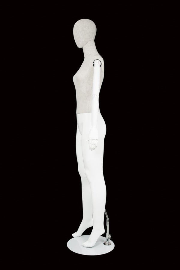 FEMALE LINEN FABRIC EGG MANNEQUIN W/ WHITE WOOD ARMS (MAF-ARM2-1/WHLN)