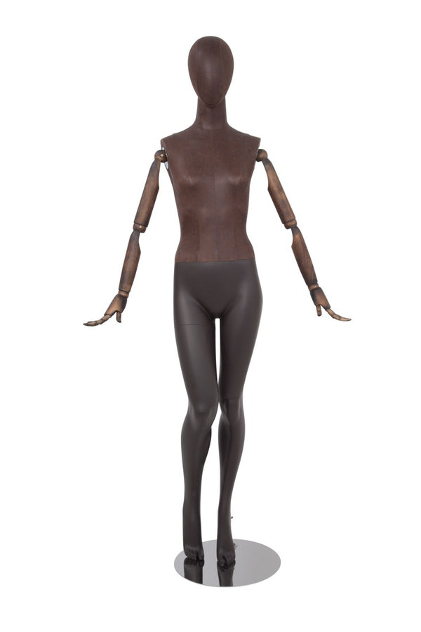 FEMALE BROWN LEATHERETTE EGG MANNEQUIN W/ BROWN WOOD ARMS (MAF-ARM2-2/BRLE)