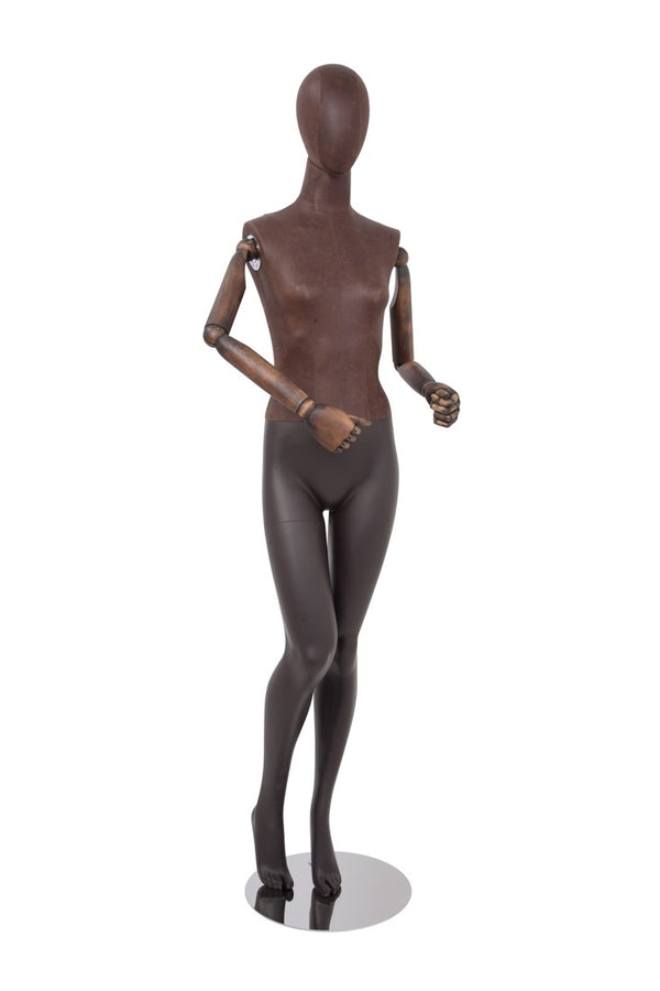 FEMALE BROWN LEATHERETTE EGG MANNEQUIN W/ BROWN WOOD ARMS (MAF-ARM2-2/BRLE)
