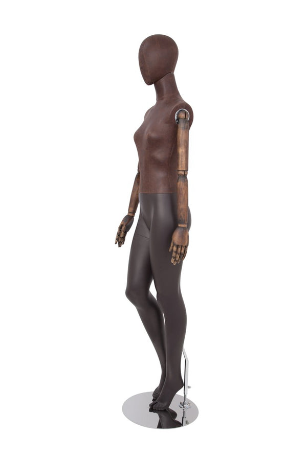 FEMALE BROWN LEATHERETTE EGG MANNEQUIN W/ BROWN WOOD ARMS (MAF-ARM2-2/BRLE)