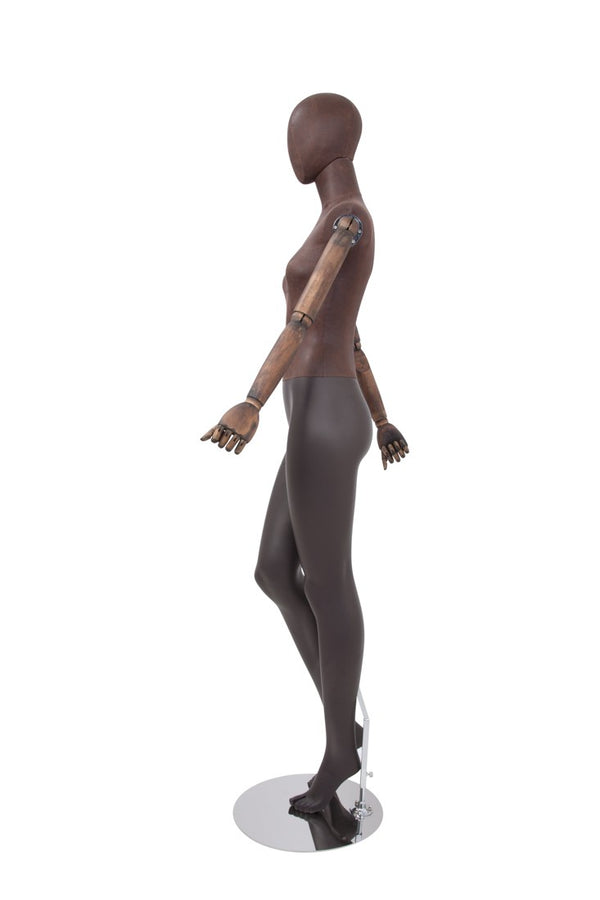 FEMALE BROWN LEATHERETTE EGG MANNEQUIN W/ BROWN WOOD ARMS (MAF-ARM2-2/BRLE)