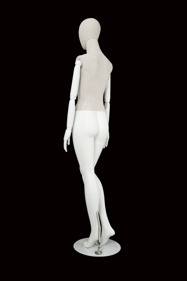 FEMALE LINEN FABRIC EGG MANNEQUIN W/ WHITE WOOD ARMS (MAF-ARM2-2/WHLN)
