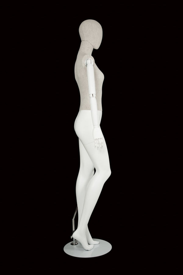 FEMALE LINEN FABRIC EGG MANNEQUIN W/ WHITE WOOD ARMS (MAF-ARM2-2/WHLN)