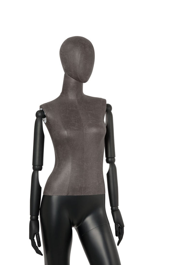 FEMALE BLACK LEATHERETTE EGG MANNEQUIN W/ BLACK WOOD ARMS (MAF-ARM2-3/BLLE)
