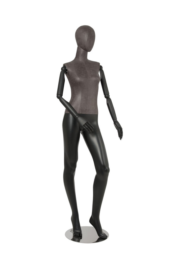 FEMALE BLACK LEATHERETTE EGG MANNEQUIN W/ BLACK WOOD ARMS (MAF-ARM2-3/BLLE)