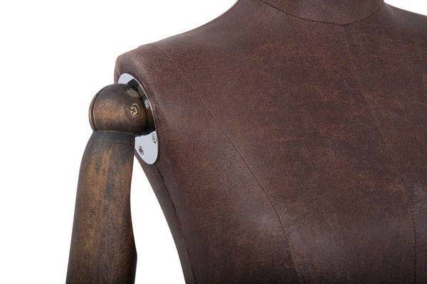 FEMALE BROWN LEATHERETTE EGG MANNEQUIN W/ BROWN WOOD ARMS (MAF-ARM2-3/BRLE)
