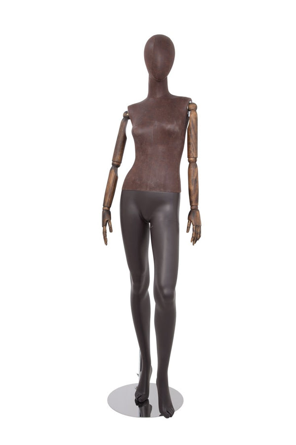 FEMALE BROWN LEATHERETTE EGG MANNEQUIN W/ BROWN WOOD ARMS (MAF-ARM2-3/BRLE)