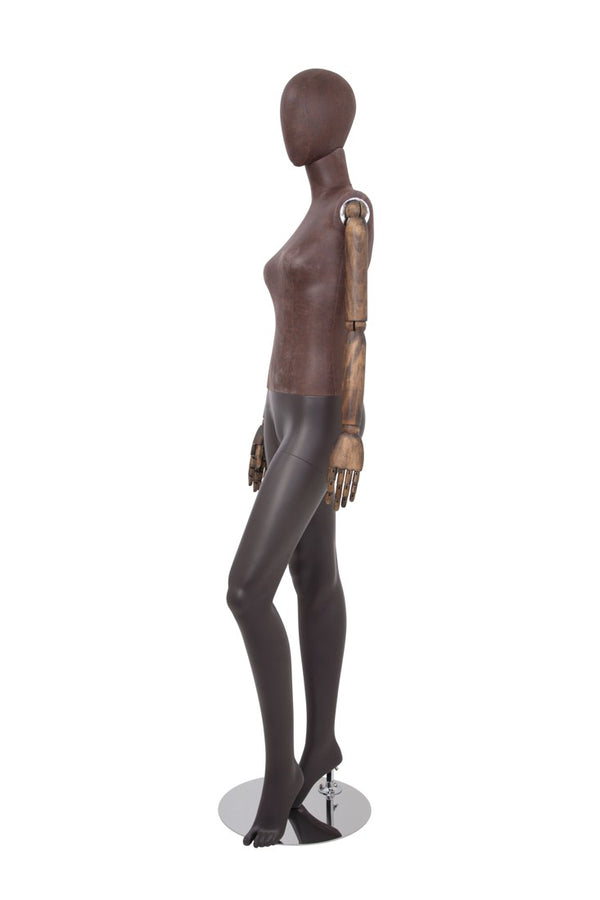 FEMALE BROWN LEATHERETTE EGG MANNEQUIN W/ BROWN WOOD ARMS (MAF-ARM2-3/BRLE)