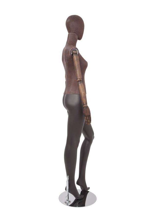 FEMALE BROWN LEATHERETTE EGG MANNEQUIN W/ BROWN WOOD ARMS (MAF-ARM2-3/BRLE)