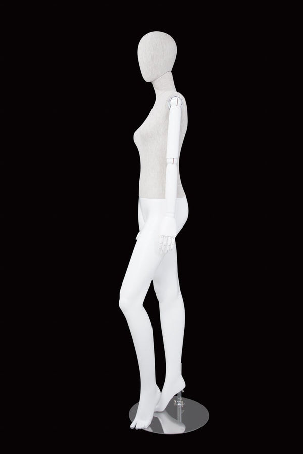 FEMALE LINEN FABRIC EGG MANNEQUIN W/ WHITE WOOD ARMS (MAF-ARM2-3/WHLN)