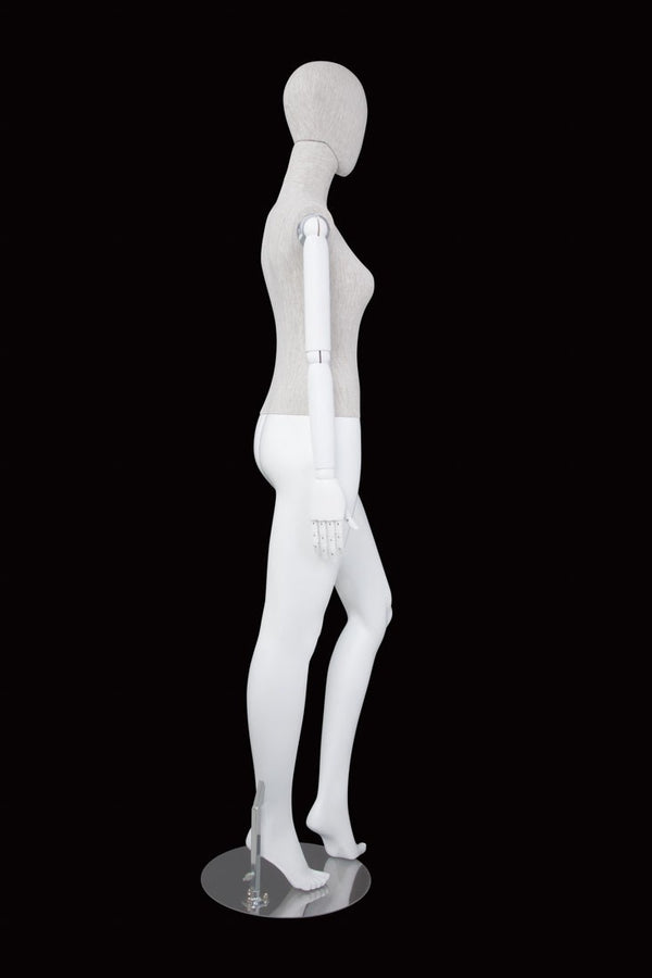 FEMALE LINEN FABRIC EGG MANNEQUIN W/ WHITE WOOD ARMS (MAF-ARM2-3/WHLN)