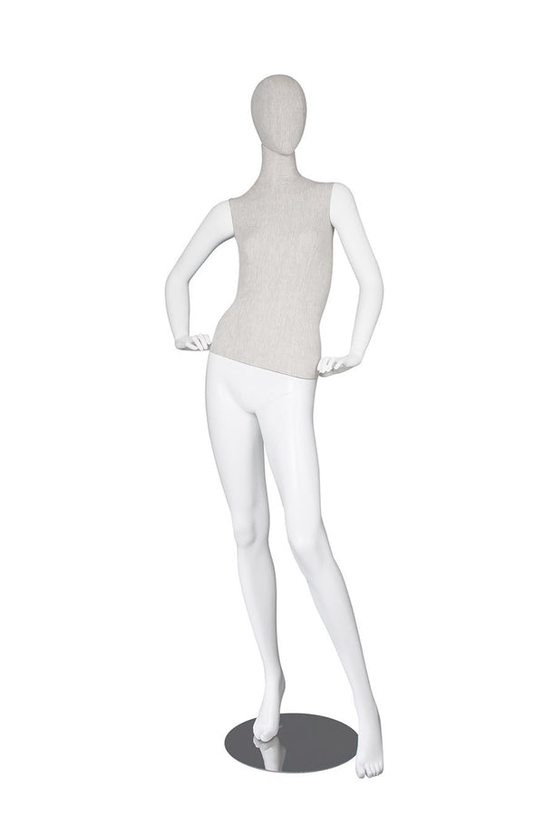 MIXED FABRIC MANNEQUINS MATTE WHITE WITH LINEN FABRIC W/ REMOVABLE HEAD (MAF-S2-108/WHLN)