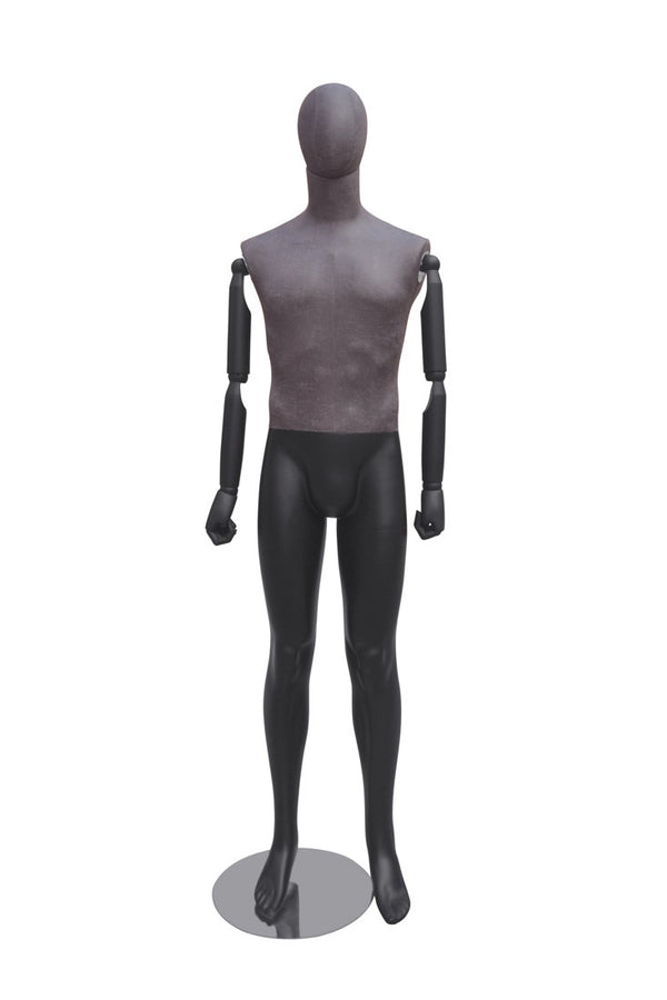 MALE BLACK LEATHERETTE FABRIC EGG MANNEQUIN W/ BLACK WOOD ARMS (MAM-ARM2-1/BLLE)