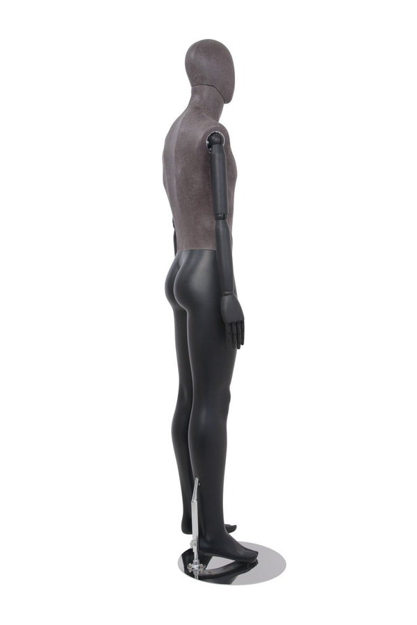 MALE BLACK LEATHERETTE FABRIC EGG MANNEQUIN W/ BLACK WOOD ARMS (MAM-ARM2-1/BLLE)