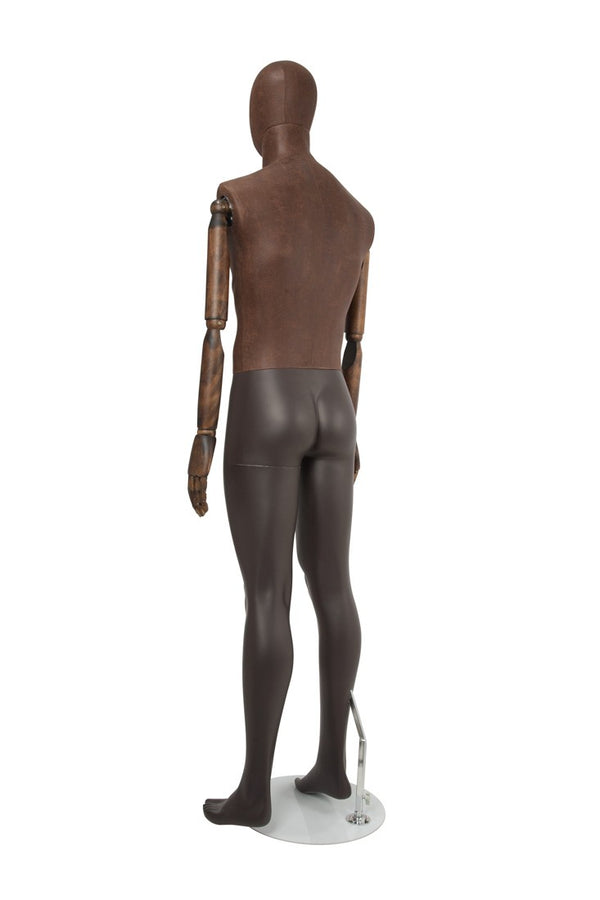 MALE BROWN LEATHERTTE FABRIC EGG MANNEQUIN W/ BROWN WOOD ARMS (MAM-ARM2-1/BRLE)