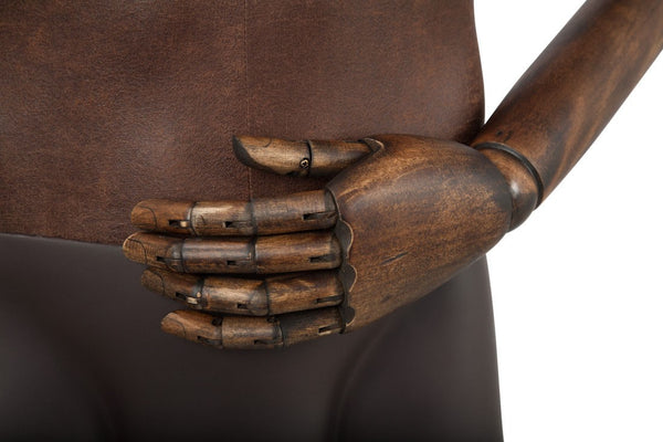 MALE BROWN LEATHERTTE FABRIC EGG MANNEQUIN W/ BROWN WOOD ARMS (MAM-ARM2-1/BRLE)