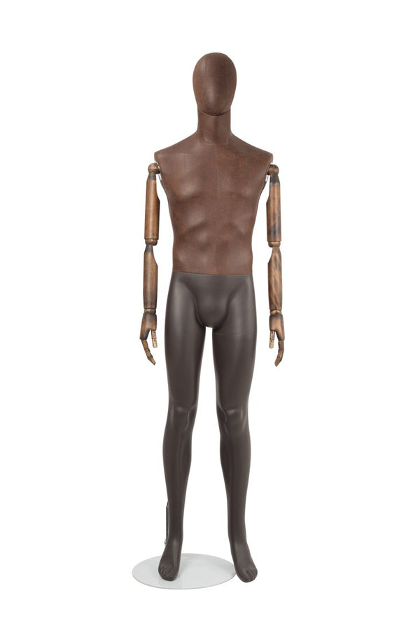 MALE BROWN LEATHERTTE FABRIC EGG MANNEQUIN W/ BROWN WOOD ARMS (MAM-ARM2-1/BRLE)