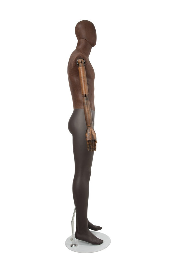 MALE BROWN LEATHERTTE FABRIC EGG MANNEQUIN W/ BROWN WOOD ARMS (MAM-ARM2-1/BRLE)