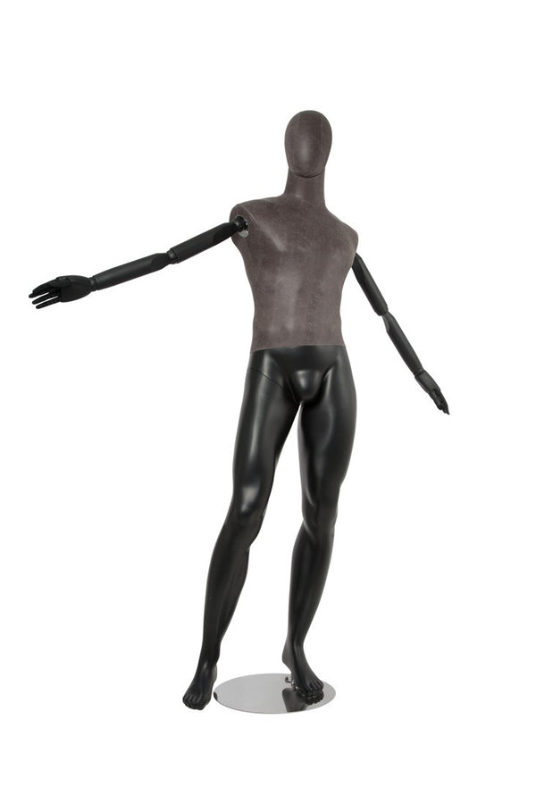 MALE BLACK LEATHERETTE FABRIC EGG MANNEQUIN W/ BLACK WOOD ARMS (MAM-ARM2-2/BLLE)