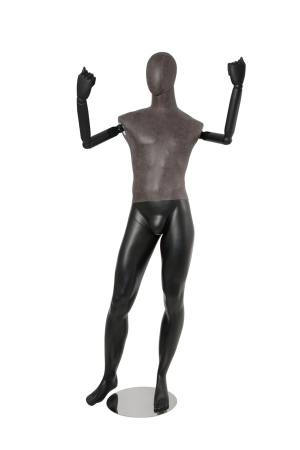 MALE BLACK LEATHERETTE FABRIC EGG MANNEQUIN W/ BLACK WOOD ARMS (MAM-ARM2-2/BLLE)