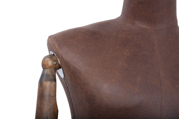 MALE BROWN LEATHERETTE FABRIC EGG MANNEQUIN W/ BROWN WOOD ARMS (MAM-ARM2-2/BRLE)