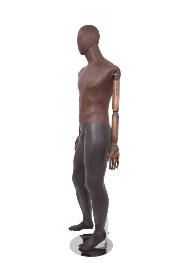 MALE BROWN LEATHERETTE FABRIC EGG MANNEQUIN W/ BROWN WOOD ARMS (MAM-ARM2-2/BRLE)