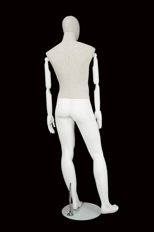 MALE LINEN FABRIC EGG MANNEQUIN W/ WHITE WOOD ARMS (MAM-ARM2-2/WHLN)