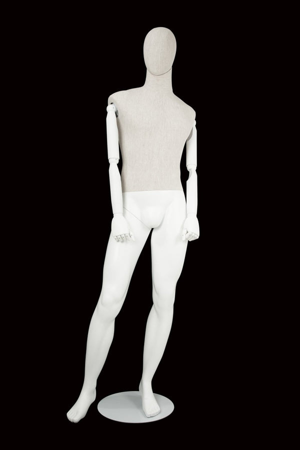 MALE LINEN FABRIC EGG MANNEQUIN W/ WHITE WOOD ARMS (MAM-ARM2-2/WHLN)