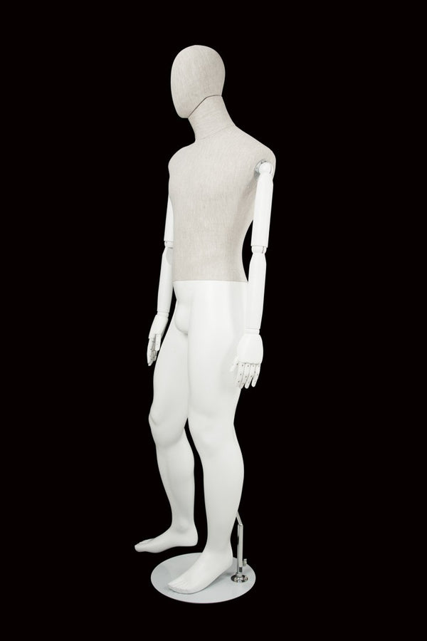 MALE LINEN FABRIC EGG MANNEQUIN W/ WHITE WOOD ARMS (MAM-ARM2-2/WHLN)