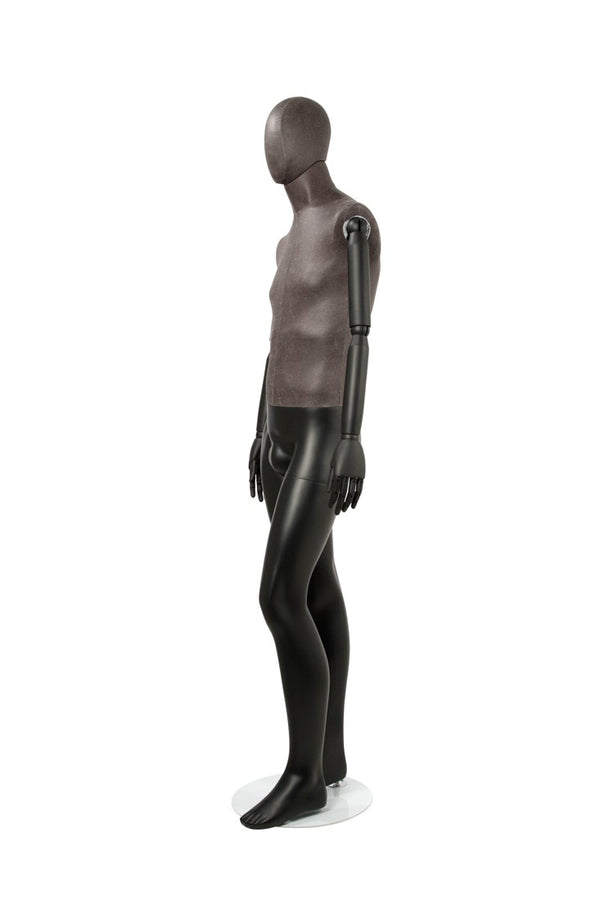MALE BLACK LEATHERETTE FABRIC EGG MANNEQUIN W/ BLACK WOOD ARMS (MAM-ARM2-3/BLLE)