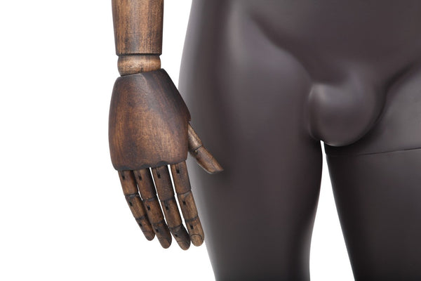 MALE BROWN LEATHERTTE FABRIC EGG MANNEQUIN W/ BROWN WOOD ARMS (MAM-ARM2-3/BRLE)