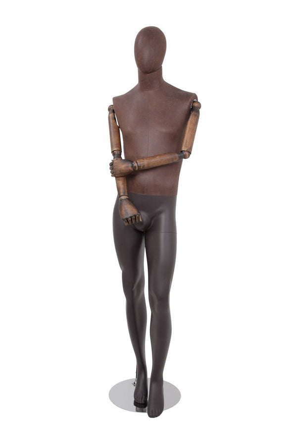 MALE BROWN LEATHERTTE FABRIC EGG MANNEQUIN W/ BROWN WOOD ARMS (MAM-ARM2-3/BRLE)