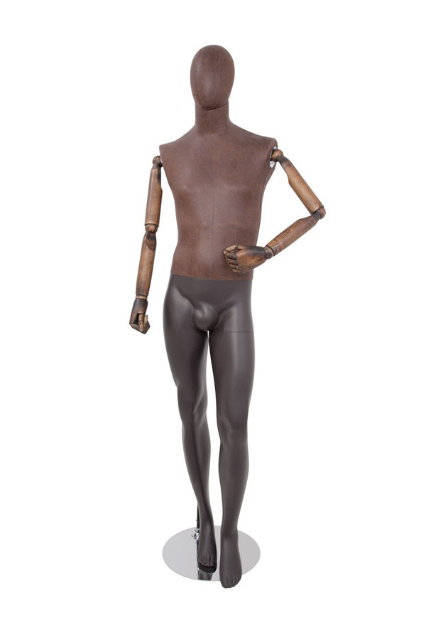 MALE BROWN LEATHERTTE FABRIC EGG MANNEQUIN W/ BROWN WOOD ARMS (MAM-ARM2-3/BRLE)