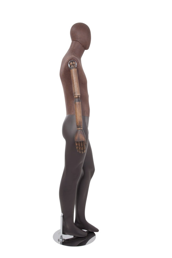 MALE BROWN LEATHERTTE FABRIC EGG MANNEQUIN W/ BROWN WOOD ARMS (MAM-ARM2-3/BRLE)