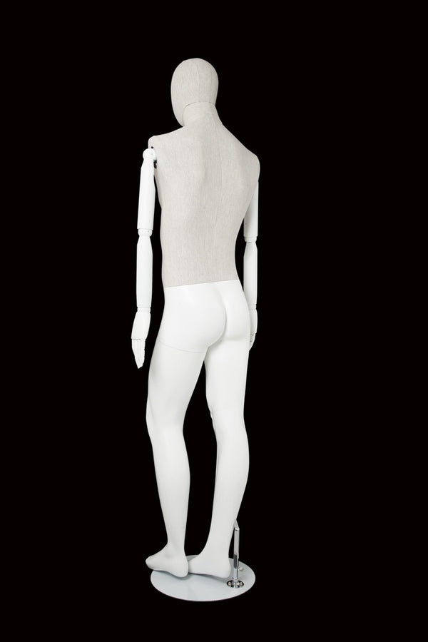 MALE LINEN FABRIC EGG MANNEQUIN W/ WHITE WOOD ARMS (MAM-ARM2-3/WHLN)