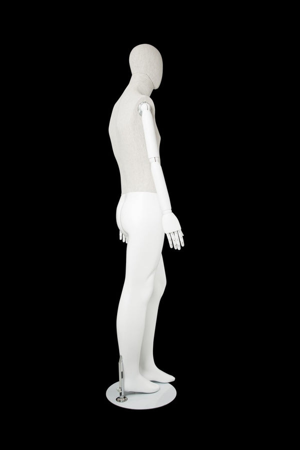 MALE LINEN FABRIC EGG MANNEQUIN W/ WHITE WOOD ARMS (MAM-ARM2-3/WHLN)