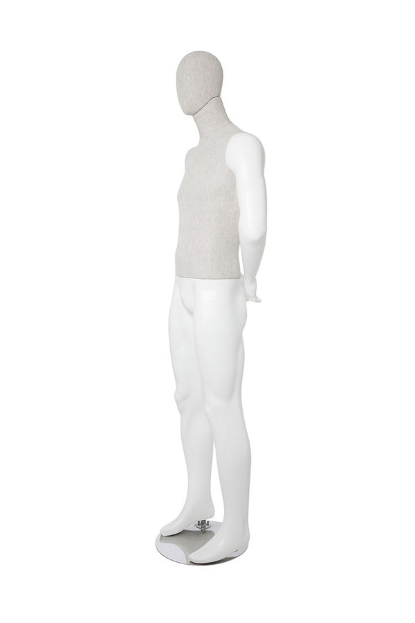 MIXED FABRIC MALE MANNEQUIN MATTE WHITE WITH LINEN FABRIC AND REMOVABLE HEAD (MAM-S2-104/WHLN)