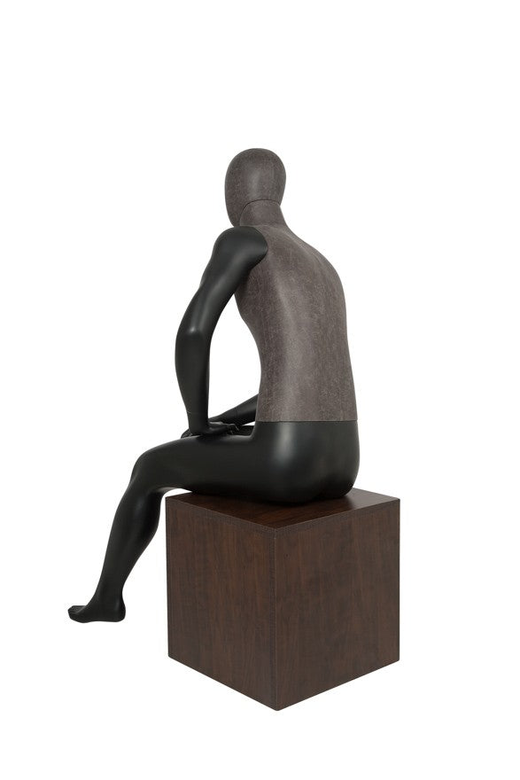 MIXED FABRIC MALE SITTING MANNEQUIN MATTE WHITE WITH LINEN FABRIC AND REMOVABLE HEAD (MAM-S2-105/BLLE)