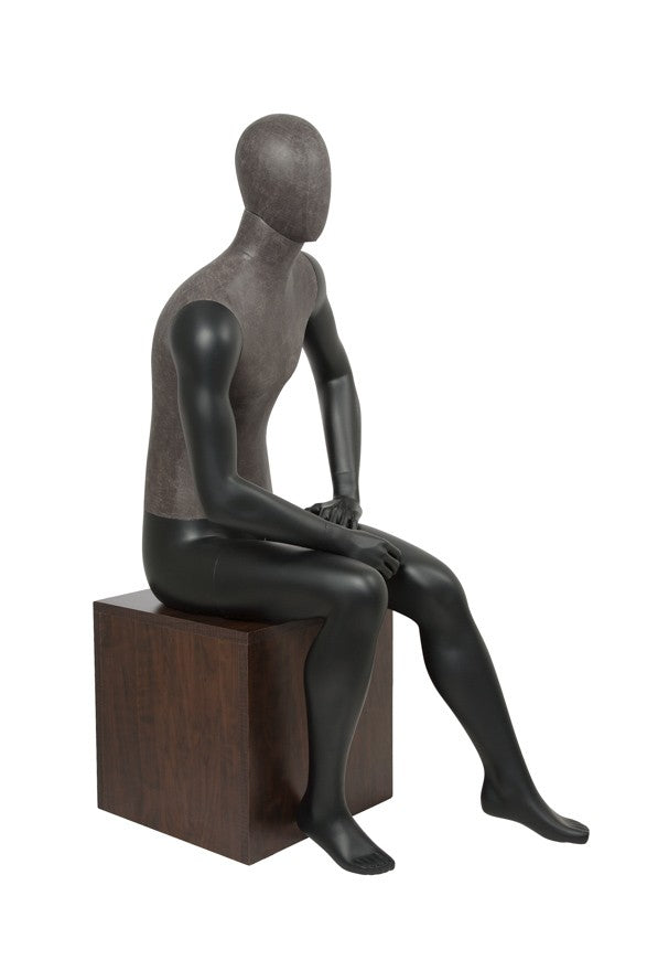 MIXED FABRIC MALE SITTING MANNEQUIN MATTE WHITE WITH LINEN FABRIC AND REMOVABLE HEAD (MAM-S2-105/BLLE)