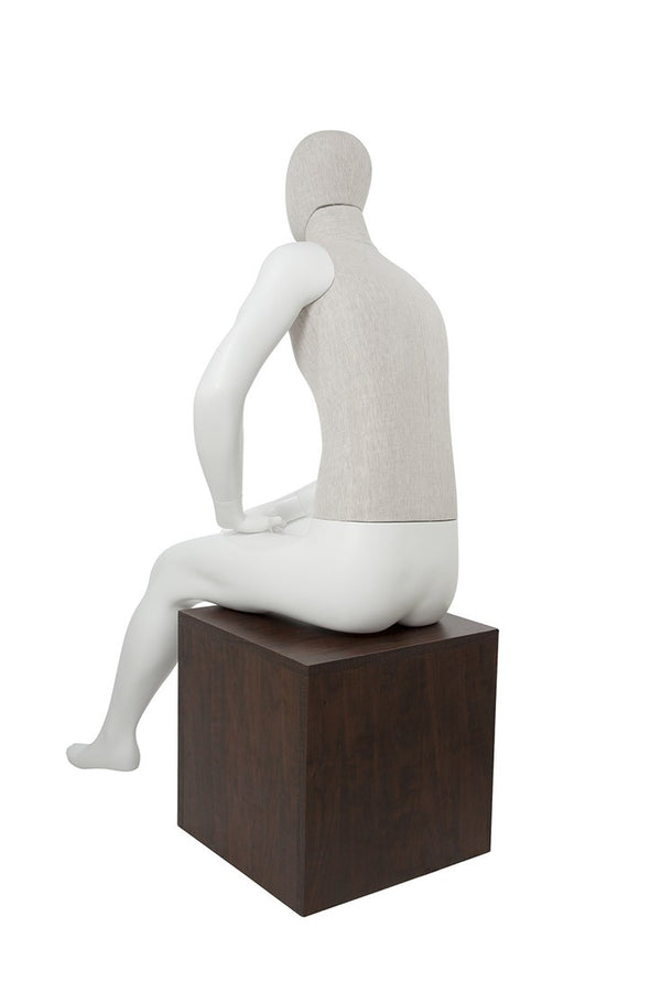 MIXED FABRIC MALE SITTING MANNEQUIN MATTE WHITE WITH LINEN FABRIC AND REMOVABLE HEAD (MAM-S2-105/WHLN)