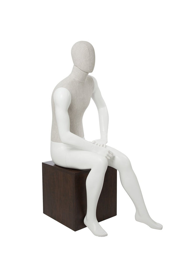 MIXED FABRIC MALE SITTING MANNEQUIN MATTE WHITE WITH LINEN FABRIC AND REMOVABLE HEAD (MAM-S2-105/WHLN)