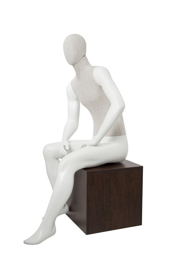 MIXED FABRIC MALE SITTING MANNEQUIN MATTE WHITE WITH LINEN FABRIC AND REMOVABLE HEAD (MAM-S2-105/WHLN)