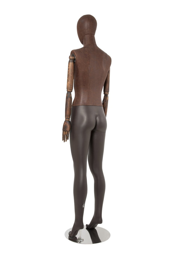 FEMALE BROWN LEATHERETTE EGG MANNEQUIN W/ BROWN WOOD ARMS (MAF-ARM2-1/BRLE)