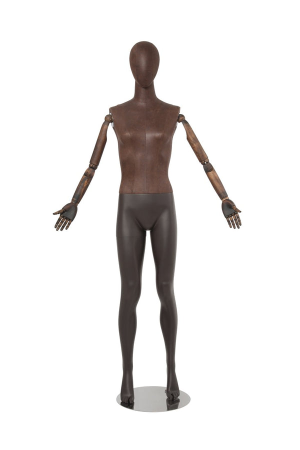 FEMALE BROWN LEATHERETTE EGG MANNEQUIN W/ BROWN WOOD ARMS (MAF-ARM2-1/BRLE)