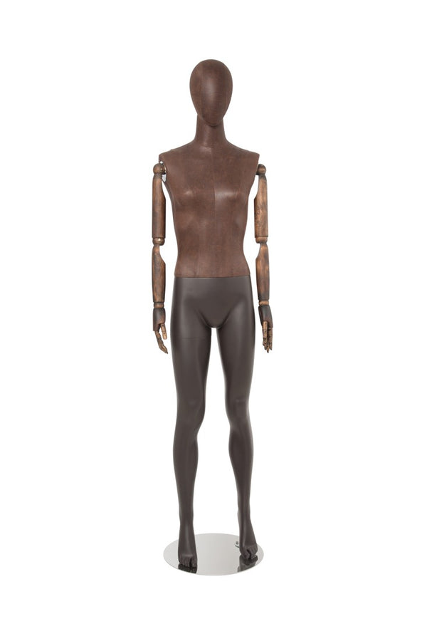 FEMALE BROWN LEATHERETTE EGG MANNEQUIN W/ BROWN WOOD ARMS (MAF-ARM2-1/BRLE)